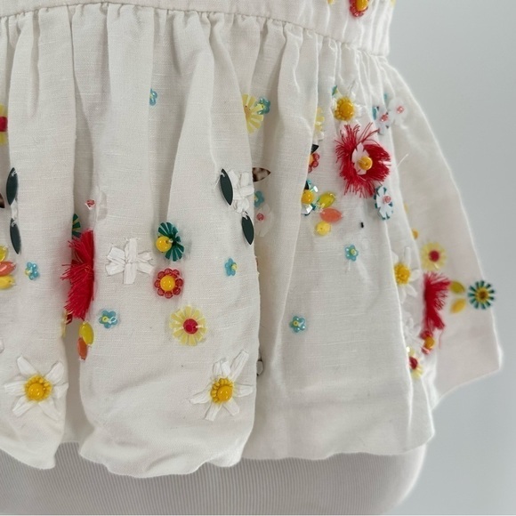J crew womens top size 4P white 67% linen floral bedazzled embroidered peplum - Picture 8 of 15